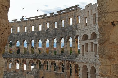 Güneşli bir günde Pula, Istria, Hırvatistan ve Avrupa 'da antik Roma amfi tiyatrosu. Roma Kolezyumu. Roma Kolezyumu 'na benzer bir arena. Ünlü Seyahat Hedefi.