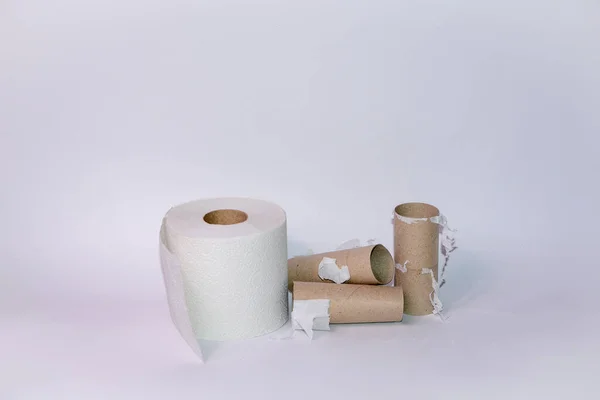 Empty Full Toilet Paper Rolls White Background Plenty Copy Space — Stock Photo, Image