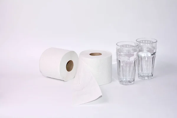 Drink Lot Case Diarrhea Toilet Paper Rolls Two Glasses Water — Stock Photo, Image