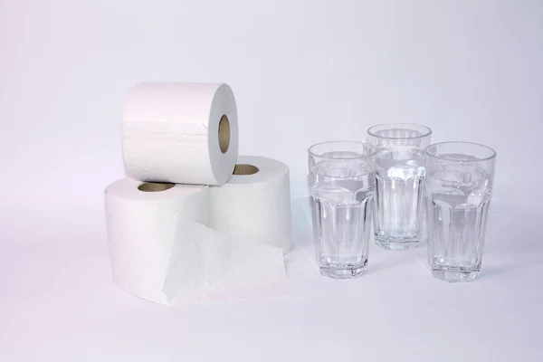 Drink Lot Case Diarrhea Rolls Toilet Paper Three Glasses Water — Stock Photo, Image