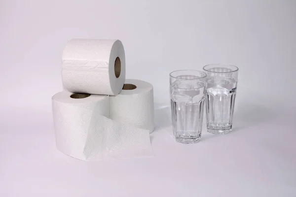 Drink Lot Case Diarrhea Toilet Paper Rolls Two Glasses Water — Stock Photo, Image