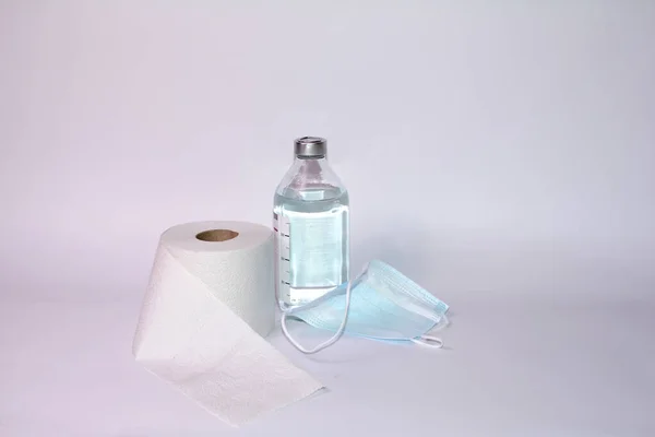 Toilet Paper Roll Respirator Bottle Saline Solution White Background Plenty — Stock Photo, Image