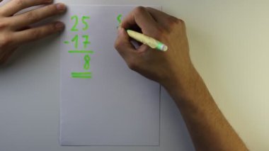Genç öğrenci toplama ve çıkarma gibi basit matematiksel işlemleri hesaplar. Tekrarlama bilgeliğin anasıdır. Öğrenci ödevini matematik üzerine çalışıyor. İnsan çarpım tablosunu tekrarlar