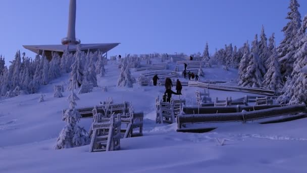 Erwachsene Touristen Erklimmen Morgens Den Wunderbaren Roten Kommunikationsturm Die Leute — Stockvideo