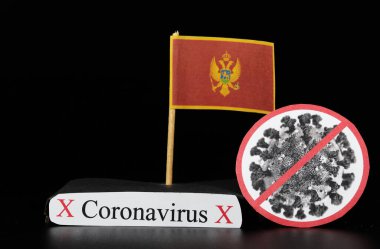Karadağ ulusal bayrağı, kovid 19 hücresi ve Coronavirus sözcüğü. Dünya çapında hızla yayılan bir hastalık. Covid-2019 yaşlıları ve hastaları etkileyen daha güçlü bir griptir. Tehlikeli ve saldırgan..