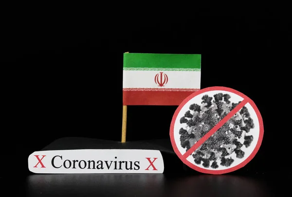 National flag of Iran with cell of covid-19 and word coronavirus. Fast spreading disease worldwide. Covid-2019 is a stronger flu which affects seniors and sick people. Dangerous and agressive.