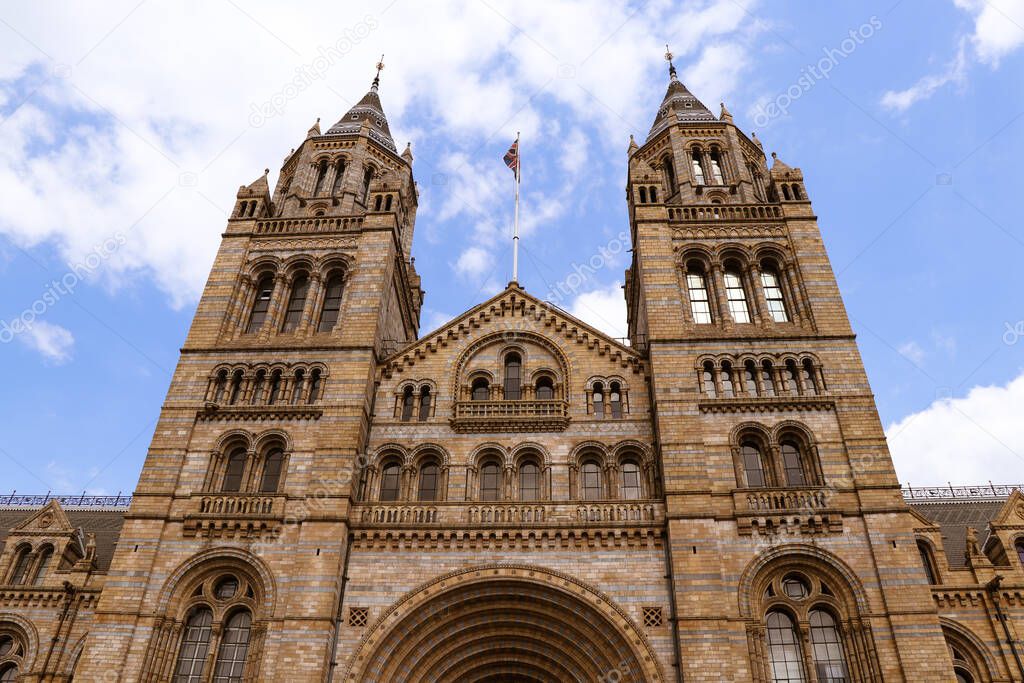 Main entrance with two towers on each side presents beautiful and large complex in London named Natural History Museum. The terracotta mouldings represent the past and present diversity of nature