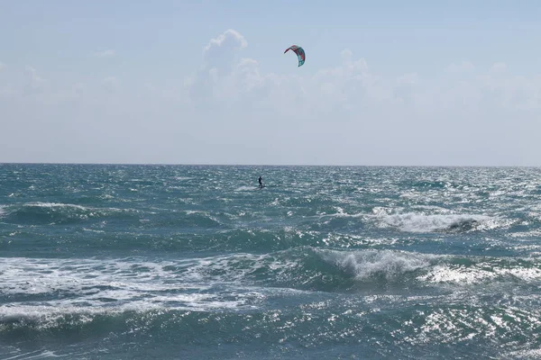 Kiteboarder Pulled Water Power Kite Cyprus Europe Famous Pis Beach — стоковое фото