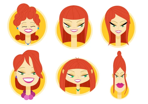 Set of bright illustrated avatars, female faces — Stock Vector