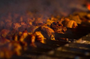 Domuz etinin bir şiş bir mangal üzerinde kızartma. Dönüm etin kömürlerin üzerine. İştah açıcı şiş kebap. Lezzetli Barbekü.