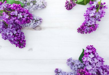 Beyaz ahşap arka planda, yazı için yeri olan leylak rengi bir buket.