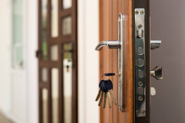 Ön kapıda anahtarlar olan güçlü bir kilit. Ev güvenliği, güvenilir soyguncu koruması