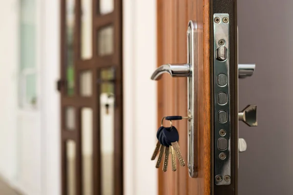 Serrure Forte Avec Clés Dans Porte Entrée Sécurité Domicile Protection — Photo