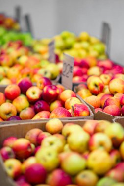 Yumuşak odak. Çiftçi pazarında taze organik elma kasaları..
