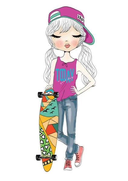 Schattig meisje met skateboard — Stockvector