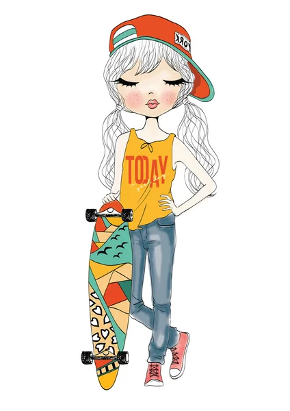 Bonito menina segurando skate — Vetor de Stock