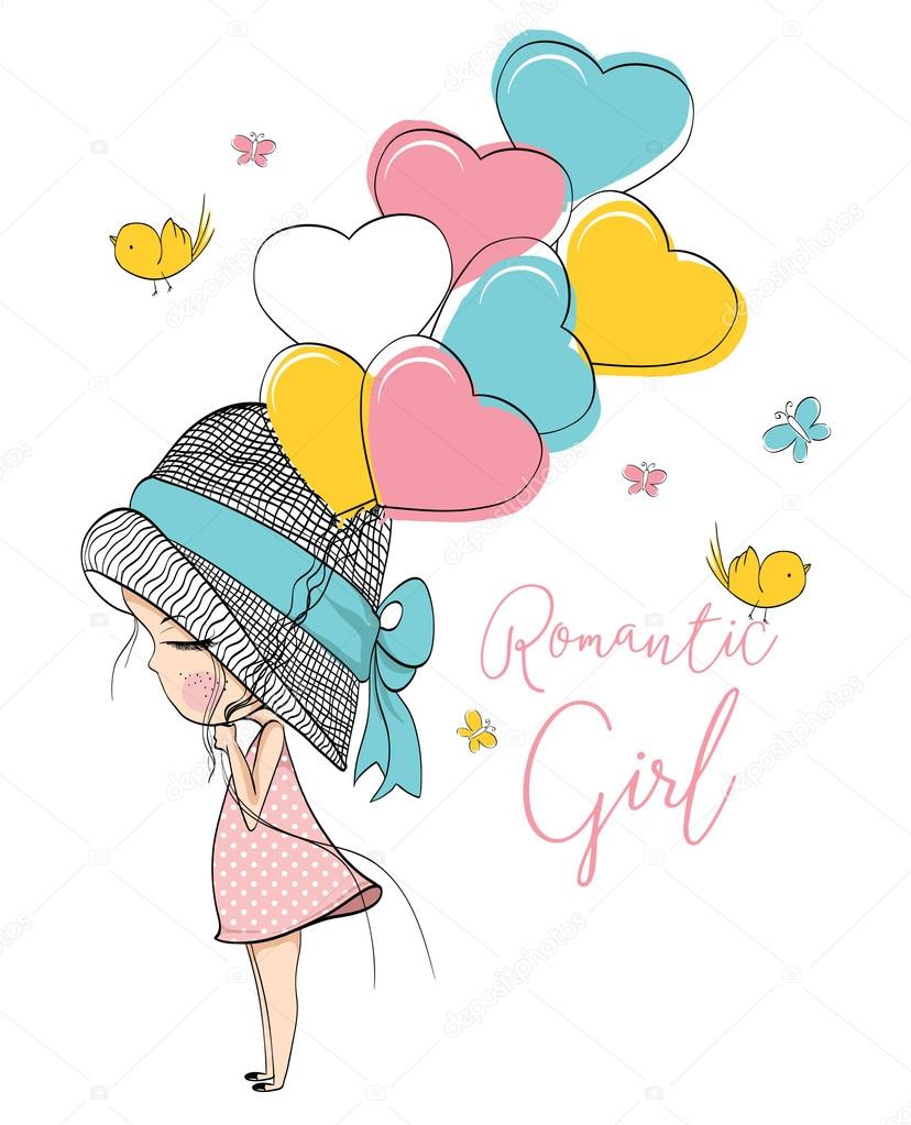 Cute girl holding balloons ⬇ Vector Image by ©