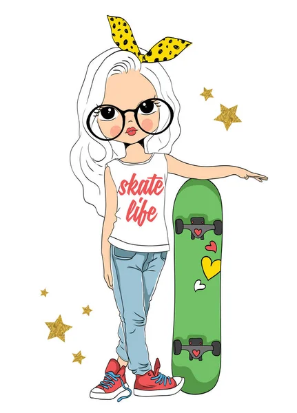 Cute girl with skateboard — Stock Vector