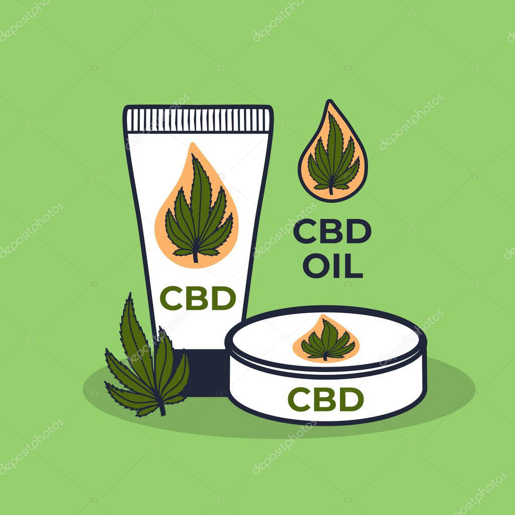 CBD packing cosmetic cream with natural oil. Hemp leaf with drop. Vector hand drawn Illustration isolated on green card