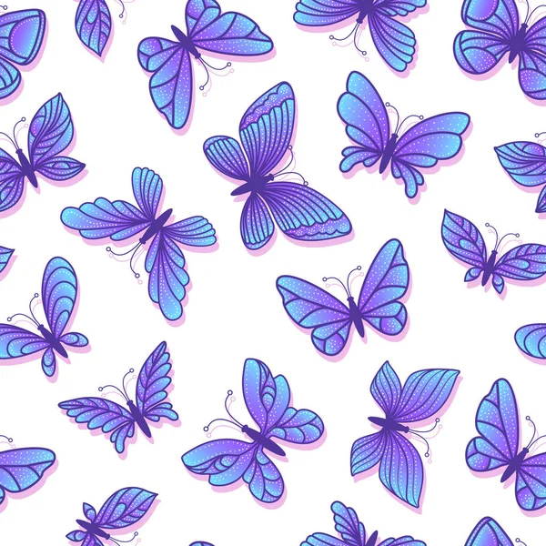 蝶のシームレスなパターン。異なる青い翼を持つ蝶が飛ぶ。抽象的な表面設計。ベクターの手描きのストックイラスト。白に隔離されたカラフルな魔法の女の子のファッション — ストックベクタ