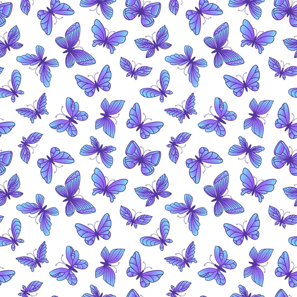 Patrón sin costuras mariposa. Mariposas con diferentes alas azules vuelan. Diseño abstracto de la superficie. Vector ilustraciones de stock dibujado a mano. Moda femenina mágica colorida aislada en blanco — Vector de stock