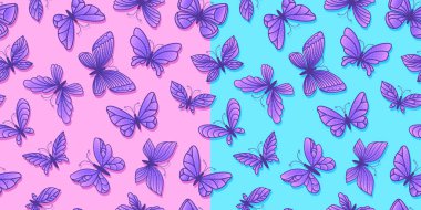 Kelebek kusursuz desen oluşturdu. Kelebekler mavi ve pembe arka planda tek başlarına uçuyorlar. Soyut yüzey tasarımı. Vektör el çizimi borsa çizimleri.