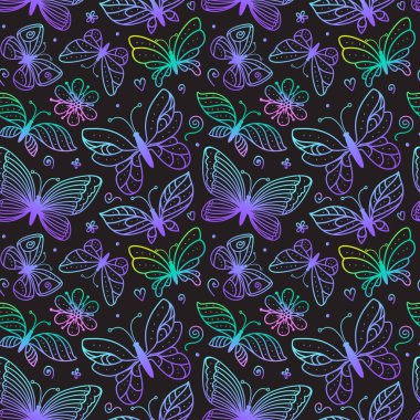 Parlak kelebekler kusursuz desen. Boyama el çizimi çizimleri. Kelebeğin parlak renkli eskiz izi koyu bir arka planda. Kızlar için vektör stok yüzey moda tasarımı.