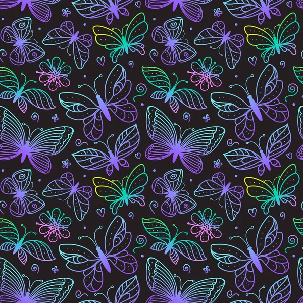 Parlak kelebekler kusursuz desen. Boyama el çizimi çizimleri. Kelebeğin parlak renkli eskiz izi koyu bir arka planda. Kızlar için vektör stok yüzey moda tasarımı. — Stok Vektör
