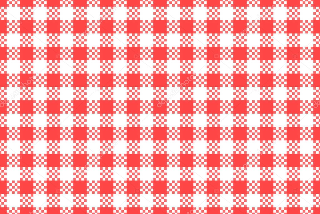 Wide red checkered with white seamless pattern. Vector stock repeating texture background. Kitchen surface design