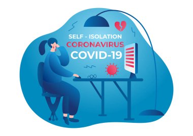 Coronavirus. Kendini soyutlama. Covid-19 'dan ev karantinası. Hepiniz evde kalın. Salgından kendini soyutla. Vektör illüstrasyonu