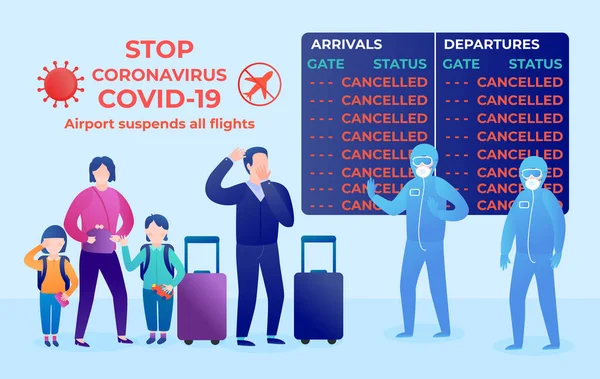 Coronavirus covid- 19. Gente all'aeroporto. Illustrazione piatta vettoriale. Tabellone Annullato. Aeroporto sospende tutti i voli in quarantena . — Vettoriale Stock