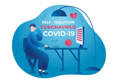 Coronavirus. Kendini soyutlama. Covid-19 'dan ev karantinası. Hepiniz evde kalın. Salgından kendini soyutla. Masada oturan vektör illüstrasyon adamı