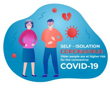 Yaşlı insanlar koronavirüs için daha yüksek risk altındalar. Kendini soyutlama. Covid-19 'dan ev karantinası. Salgından kendini soyutla. Vektör illüstrasyonu