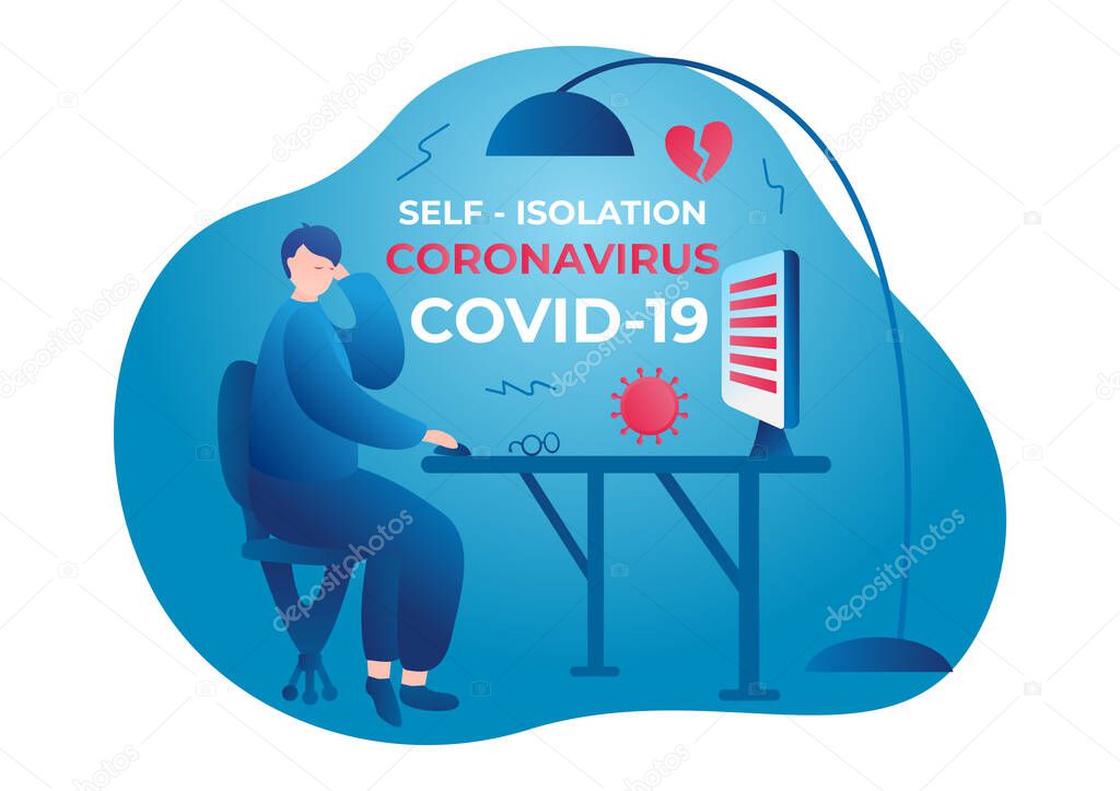 Coronavirus. Self isolation. Home quarantine from Covid-19. All stay at home. Self-isolate from a pandemic. Vector illustration Man sitting at the table