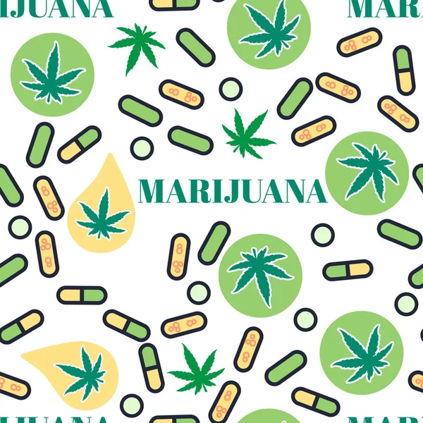 Cannabis THC pílulas textura. Marjuana comprimidos sem costura padrão com folha. Superfície legalizar design modelo infinito. Ilustração vetorial isolada sobre fundo branco . — Vetor de Stock