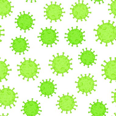 Coronavirus hücresi. Grip virüsü dokusu. Kusursuz desenli yeşil renk beyaz arkaplanda izole edilmiş. Vektör el çizimi resimleme.