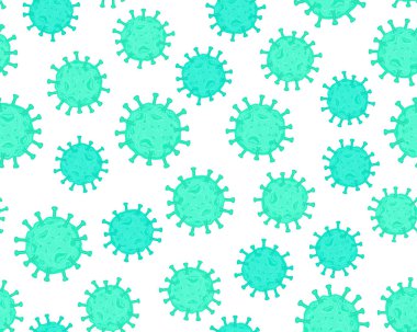 Coronavirus hücresi. Grip virüsü dokusu. Kusursuz desenli mavi renk beyaz arkaplanda izole edilmiş. Vektör el çizimi resimleme.