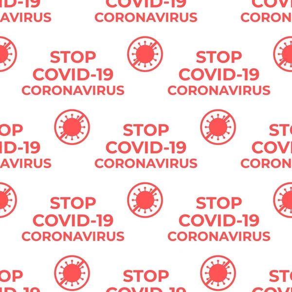 Padrão sem costura PARAR COVID-19 CORONOVIRUS. Vetor Textura de superfície design texto vermelho sobre fundo branco. Ícone de coroonavírus . —  Vetores de Stock