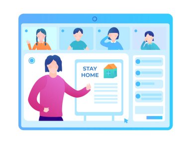 Webinar 'da bir öğretmenle okul çocukları. Koronovirüs salgınının karantinası sırasında çevrimiçi dersler. Düz vektör illüstrasyonu