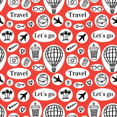 Moda stili çıkartmalarla kusursuz bir yolculuk. Vektör dokusu seyahat simgeleri. Kırmızı arkaplanda Kara El çizimi.