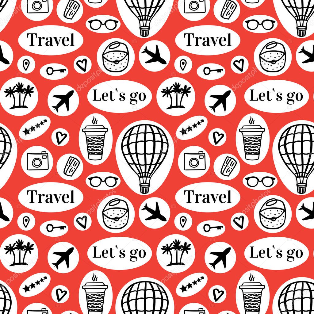 Travel seamless pattern with fashion style stickers. Vector texture traveling icons. Black Hand drawn illustration on red background.