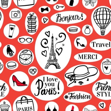 Paris desensiz El, siyah moda illüstrasyonları Eyfel Kulesi ve Fransız tarzı elementler çizdi. Vektör Seyahat yüzey tasarımı. Kırmızı arkaplanda çıkartmalar.