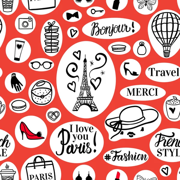Parijs naadloos patroon Handgetekende zwarte mode illustraties Eiffeltoren en Franse stijl elementen. Vector Travel oppervlakte ontwerp. Stickers op rode achtergrond. — Stockvector