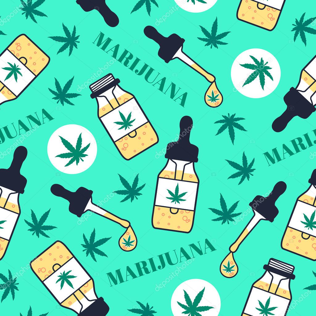 Marjuana seamless pattern. Bottle pipette with drop. Hash Cannabis Oil for vape smoking, vaporizing or eating. Vector illustration texture on green background. Surface design Vape bar