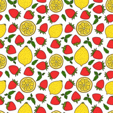 Çilek ve limon. Kusursuz desen dokusu. Sarı ve kırmızı renkler. Tam limonlu ve yuvarlak dilimli. Beyaz arkaplanda vektör el çizimi resimleme yüzey tasarımı izole edildi.