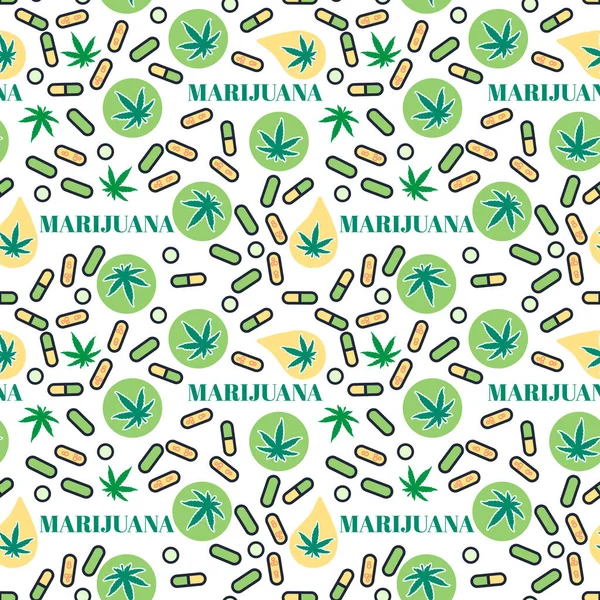 Pil Marjuana Pola mulus dengan rami daun. Organic Cannabis THC tablet. Tekstur vektor pada latar belakang putih. Desain legalisasi medis permukaan - Stok Vektor