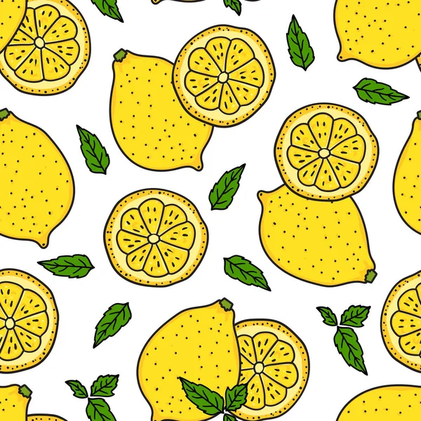 柠檬和一片圆形的。无缝纹纹理。矢量手绘图解.表面黄色厨房设计隔离在白色背景上.夏天柠檬水. — 图库矢量图片