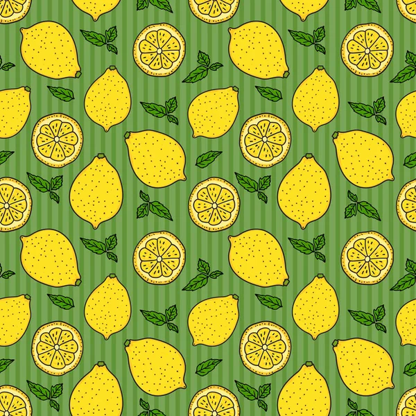 柠檬和一片圆形的绿色条纹无缝线图案.矢量手绘图解.表面黄色简约纹理设计背景. — 图库矢量图片