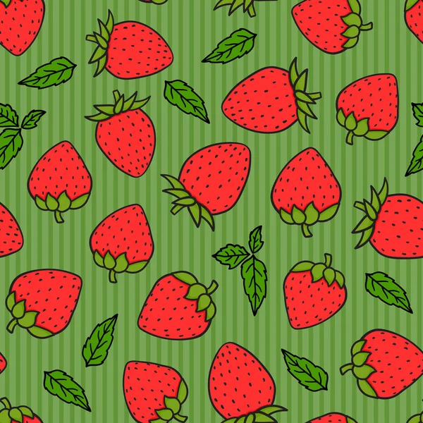 Jordbær håndtegning på grøn stribet sømløse mønster. Vektor endeløst design med modne røde tegneserie stil bær. Frisk sommer velsmagende abstrakt baggrund – Stock-vektor