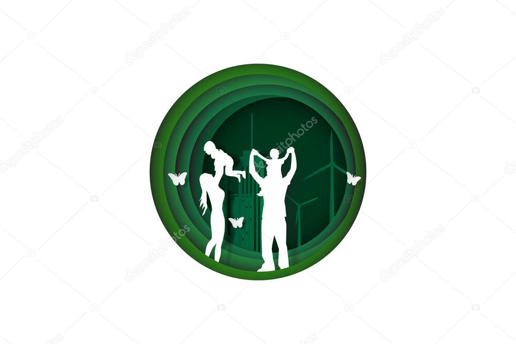 Paper cut style of  family having fun playing in the green town ,concept ecology idea, vector art and illustration.